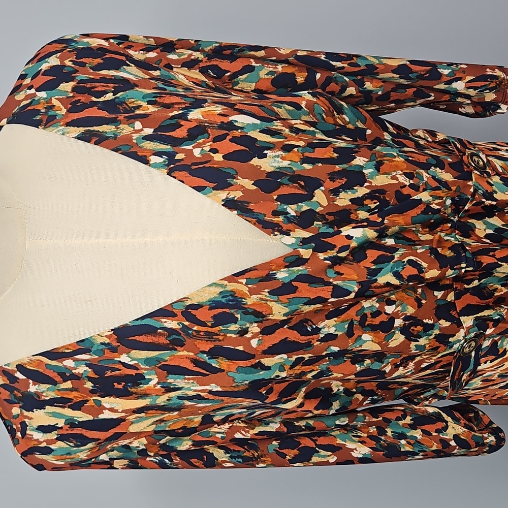 Leslie Fay V-Neck 3/4 Sleeve A-Line Midi Dress:‎ Rust Multi: Size- 16